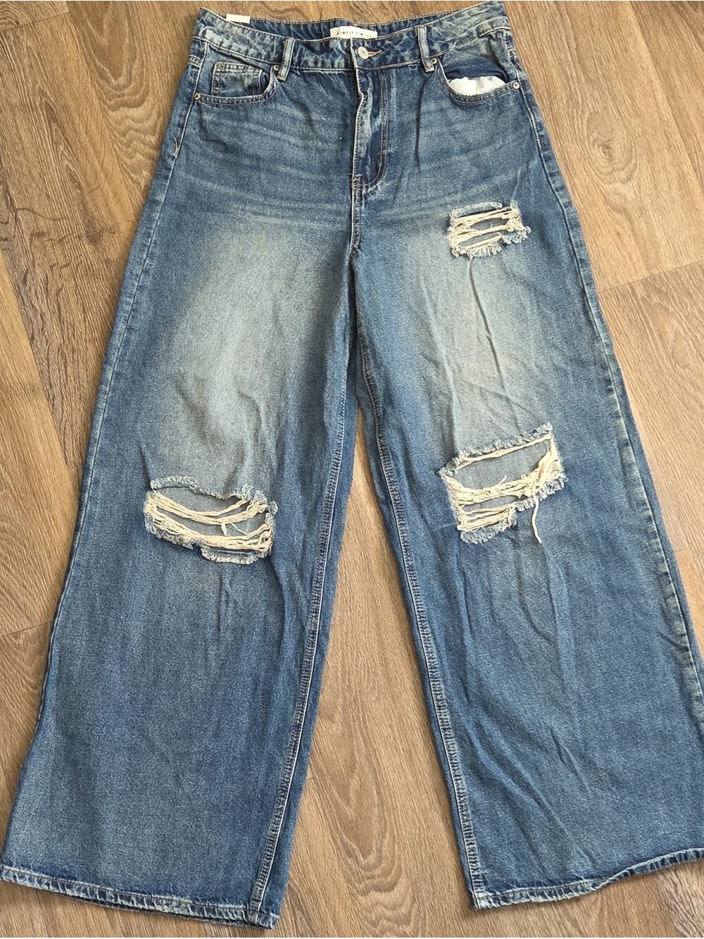 Almost Famous Distressed Wide Leg Jeans - Faded Blue